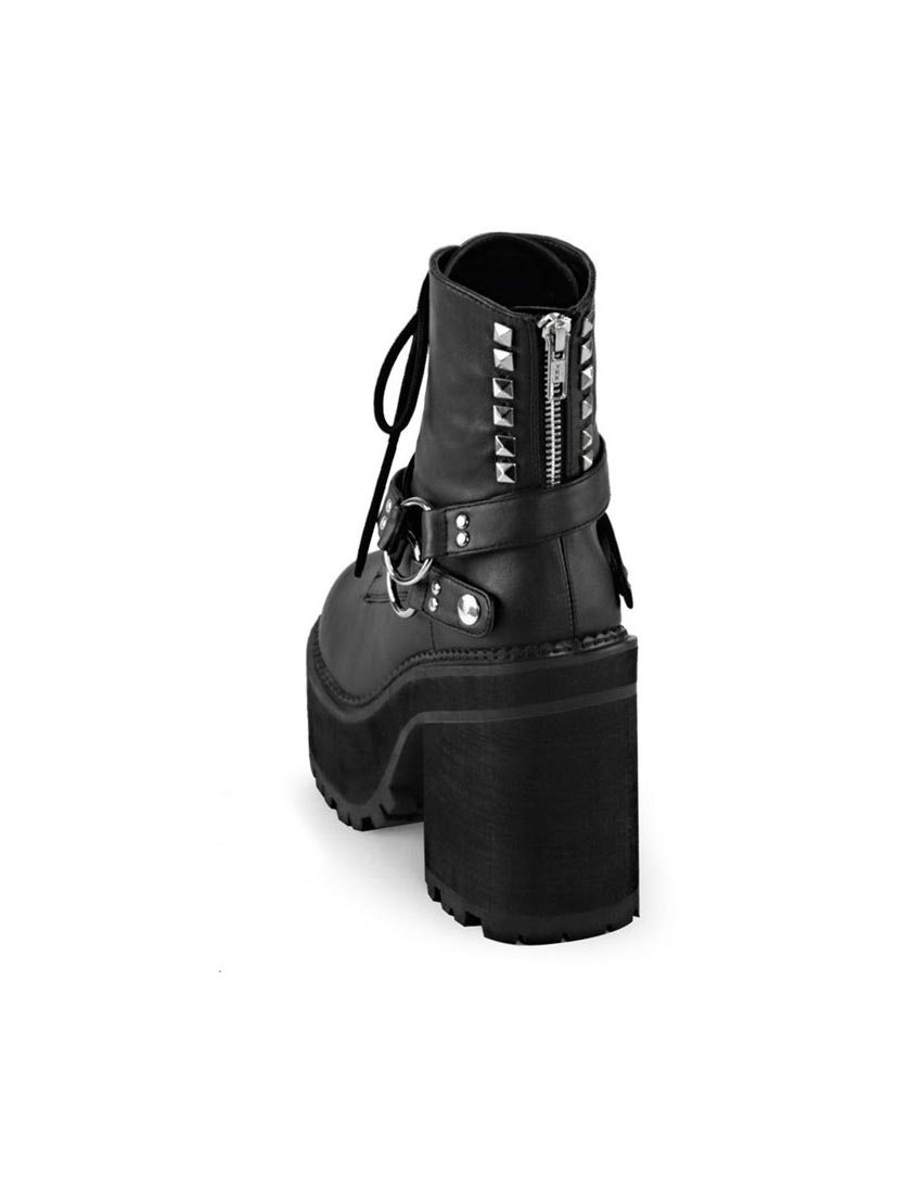 ASSAULT-101 Vegan Platform Boots rear angle showing black chunky heel, silver studs, and back zipper