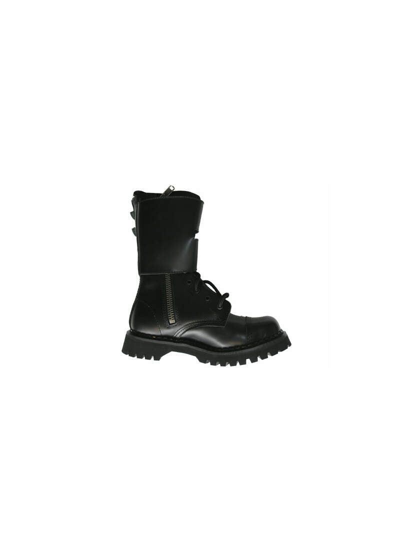 Left side view of ATTACK-10 black boots with chunky lug sole, front lacing, and side zipper