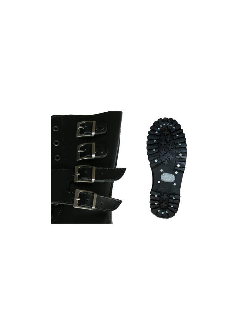 ATTACK-10 black boots with four side buckles and treaded rubber sole, close-up of details