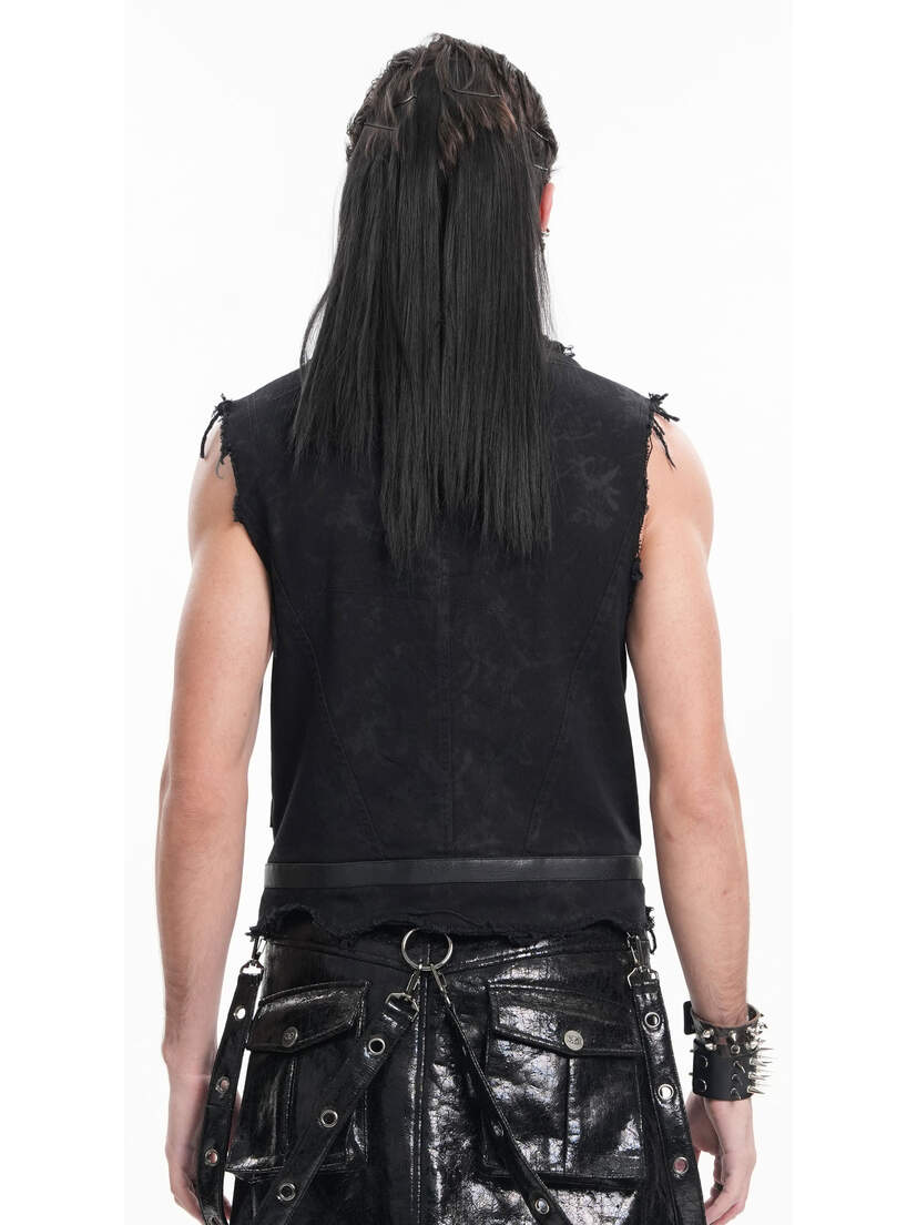 Badlands Strap Vest Back view of a person wearing a sleeveless black vest with long hair and a leather skirt.