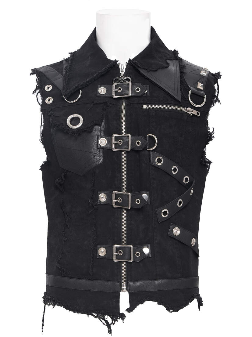 Badlands Strap Vest Black strap vest with multiple buckles, zippers, and metal accents, displayed on a mannequin.