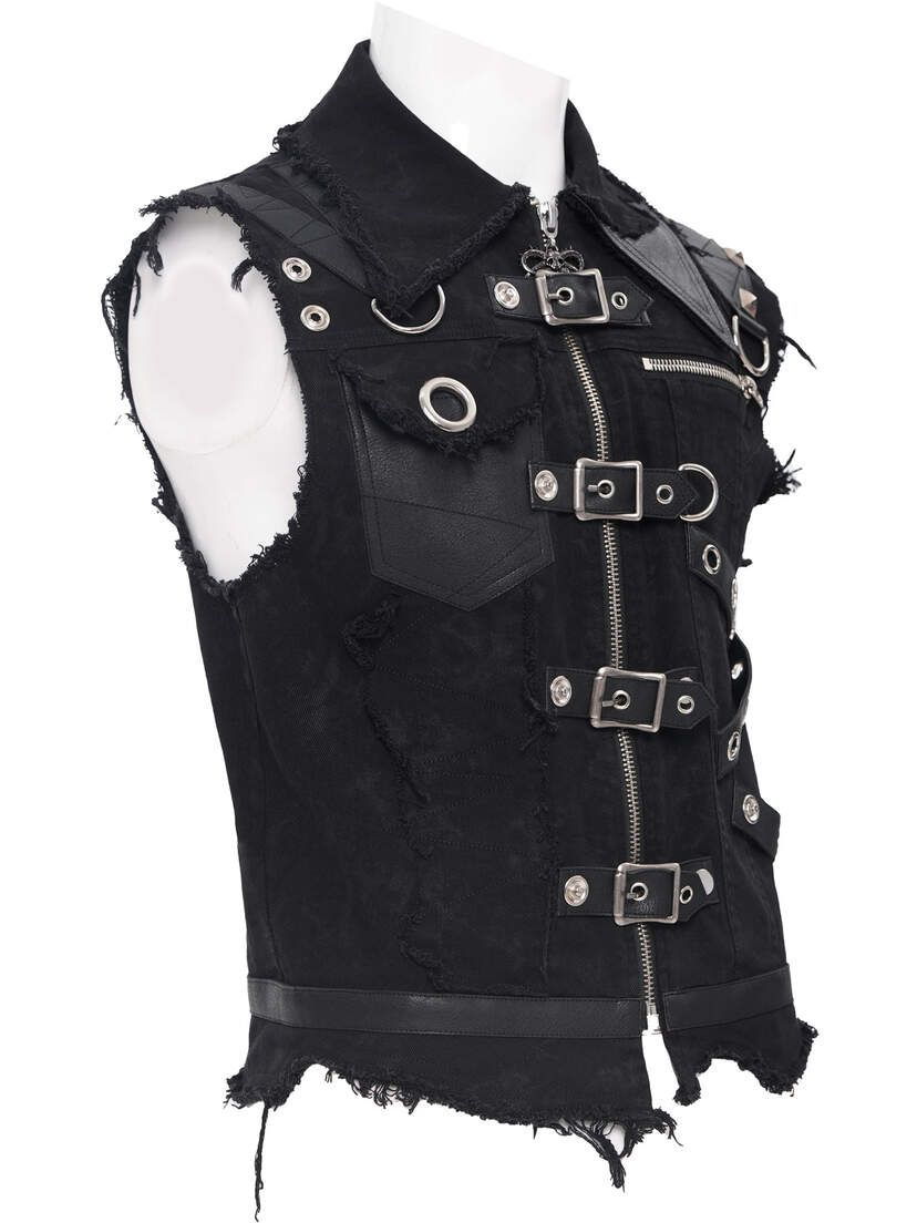 Badlands Strap Vest Black strap vest with multiple buckles and rings, featuring a sleeveless design and distressed edges.