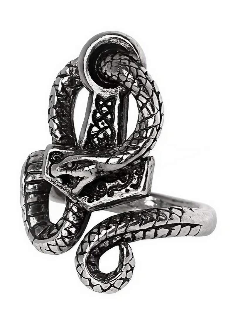 Bane of Thor Hammer Ring A detailed silver ring featuring intertwined snakes with textured scales and a smooth band.