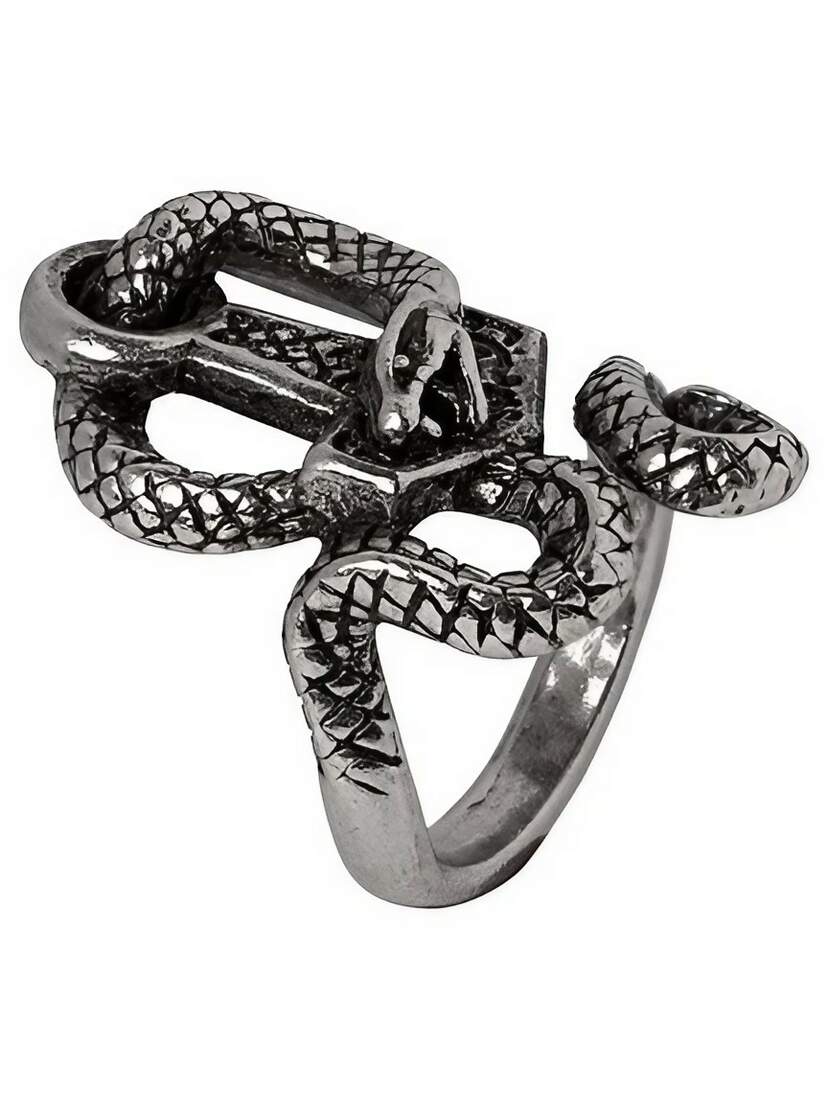 Bane of Thor Hammer Ring A detailed black ring featuring a snake design intertwined with a hammer motif.