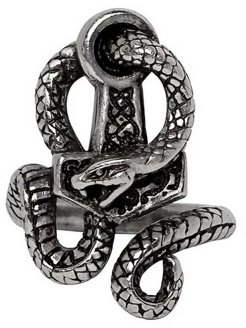 Bane of Thor Hammer Ring A detailed silver ring featuring intertwined snakes and a central design element.