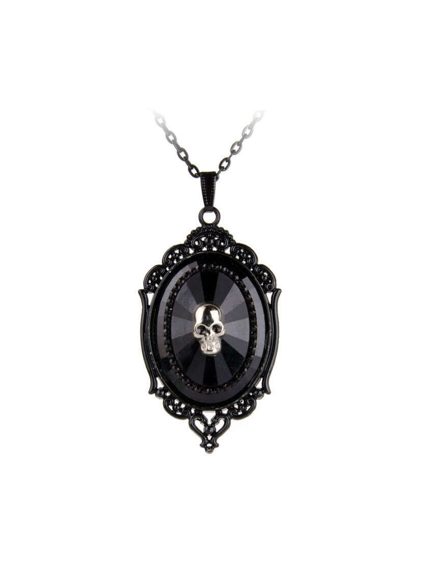 Black Filigree Pendant Cameo Necklace with Skull