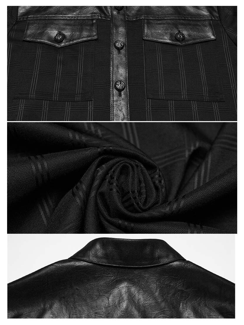 Blackout Plaid Punk Shirt Black plaid punk shirt with button front, chest flap pocket, and shiny black collar and back