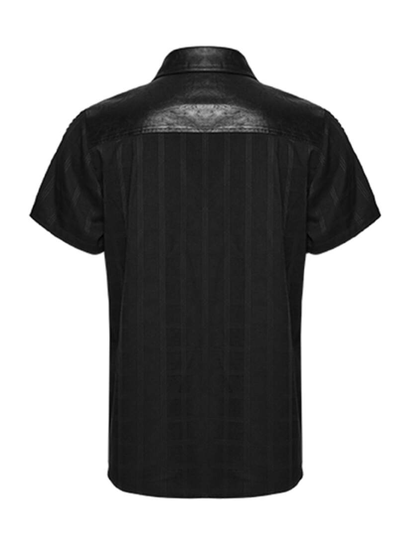 Blackout Plaid Punk Shirt Black short sleeve button-up shirt with mesh yoke and vertical back panel