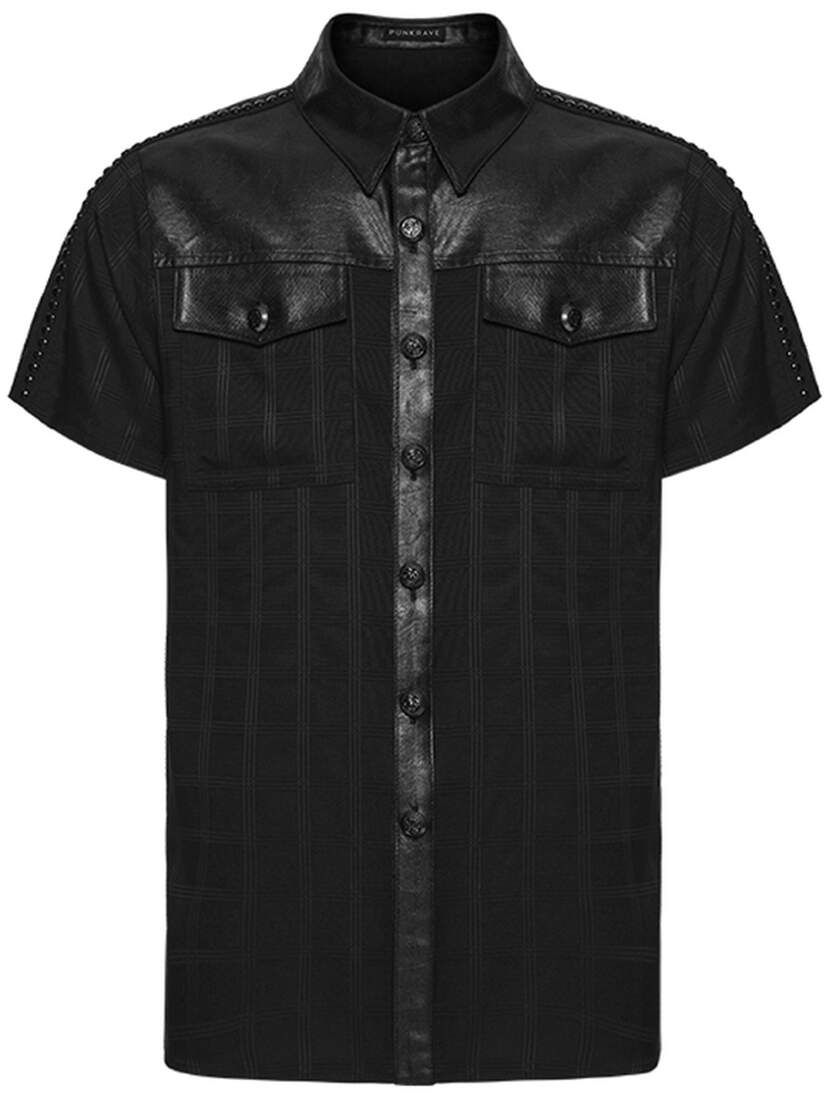 Blackout Plaid Punk Shirt Black short sleeve plaid shirt with button front, chest pockets, and pointed collar