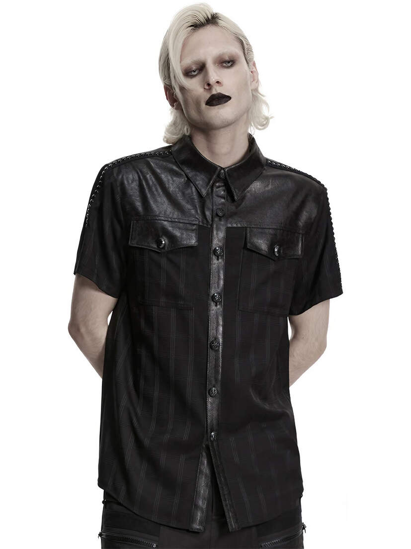 Blackout Plaid Punk Shirt Black short sleeve button-up shirt with chest pockets and a collar worn by a model