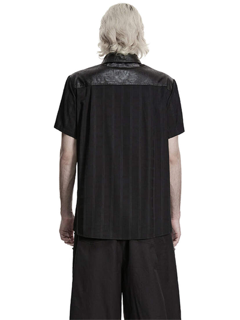 Blackout Plaid Punk Shirt Back view of a black short sleeve shirt with plaid collar and layered hem.