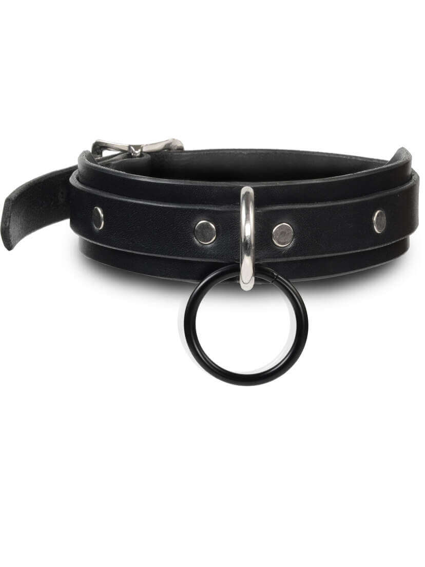 Leather Choker with Black Ring and Silver D Ring