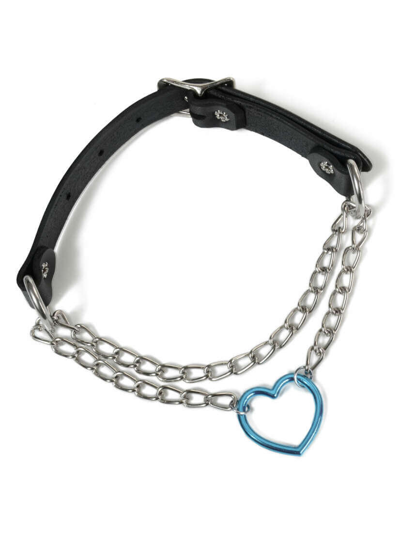 Blue Heart and Chain Pull Leather Choker