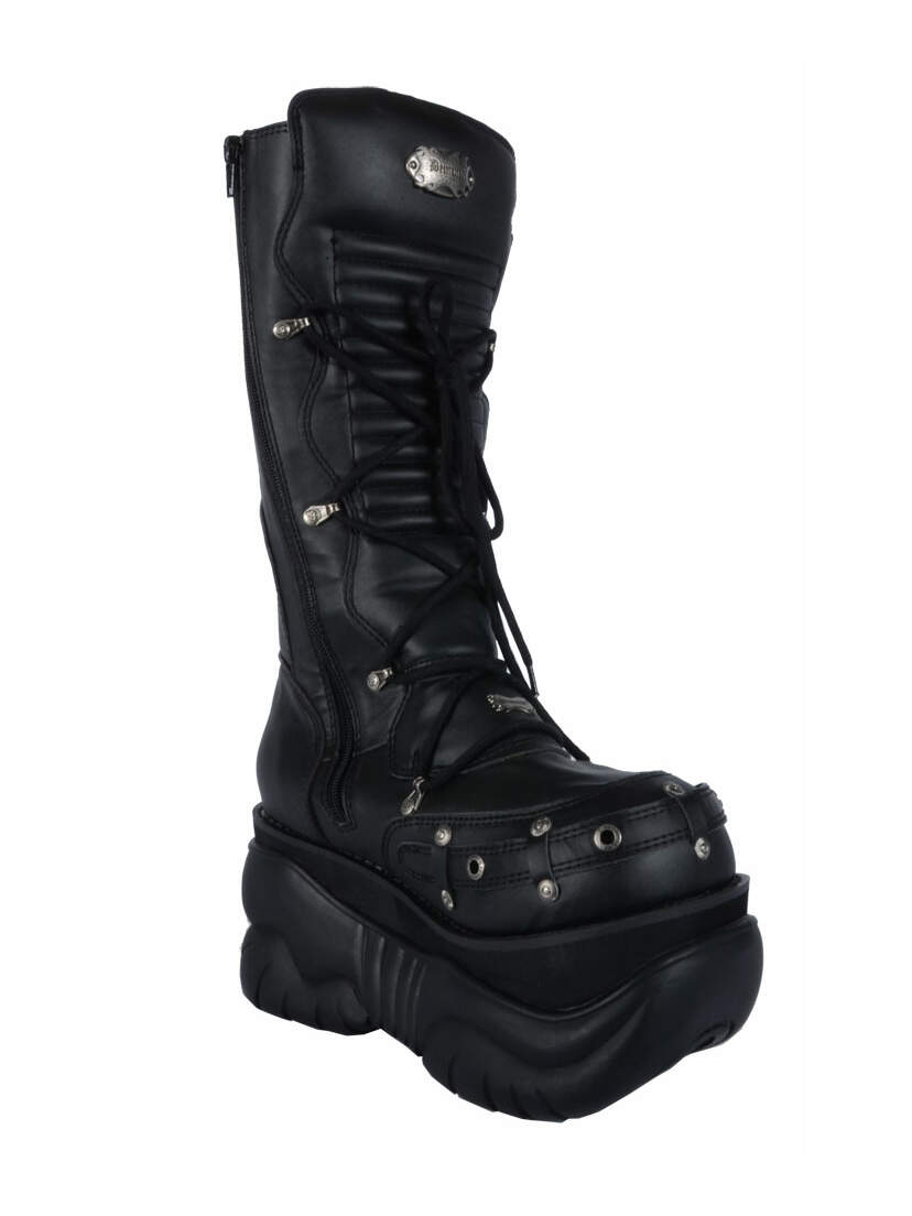 BOXER-205 Buckle Boots in black with platform sole, lace-up front, metal hardware, and side zip