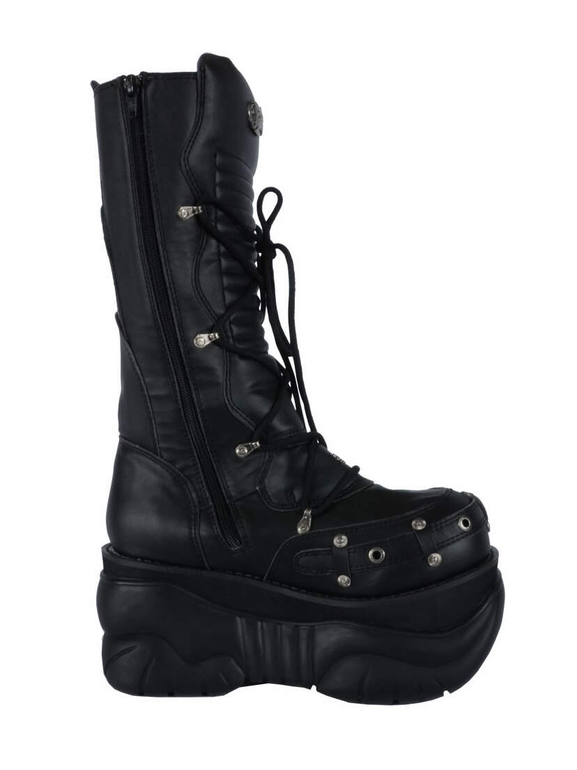 Left side view of BOXER-205 Buckle Boots in black with platform sole, front lacing, and side zipper