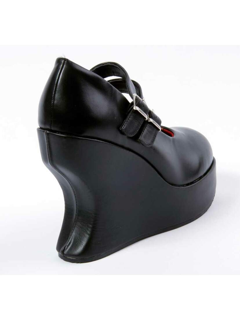 Rear side view of BRAVO-08 Black PU Wedge with curved platform heel and double buckle straps