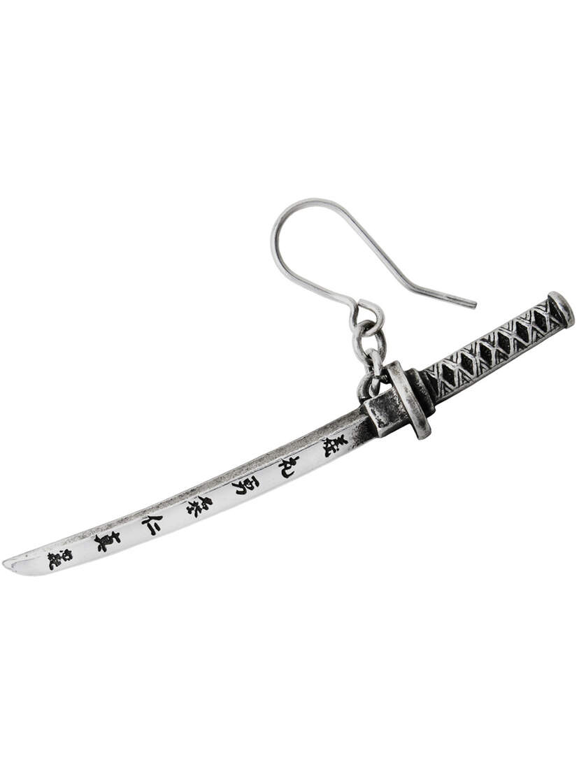 Close-up of Bushido Sword Earring with a curved blade and detailed handle in silver tone
