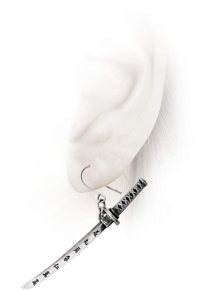 Close-up of a white mannequin head wearing a silver Bushido Sword Earring with black and white details