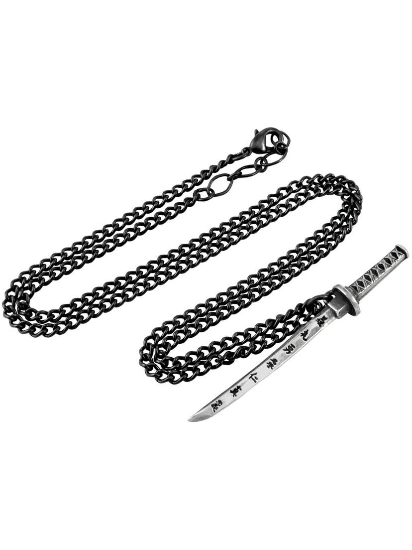 Close-up of Bushido Pendant Necklace with black chain and cylindrical pendant
