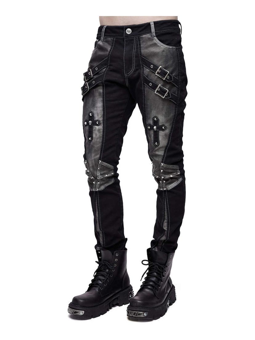 Gothic Black Denim Straps Buckle Pant Men