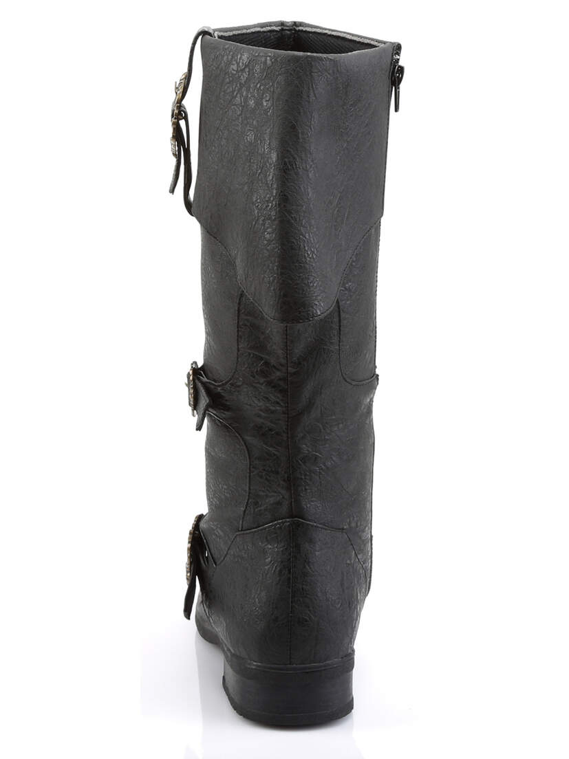 Full-length view of CARRIBEAN-299 black buckle boots with side zippers and tie details