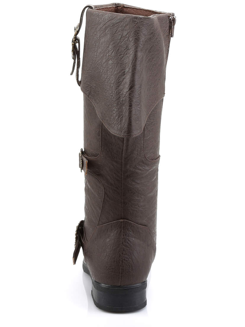 Side view of CARRIBEAN-299 brown pirate buckle boots with tall shaft, buckle details, and flat sole