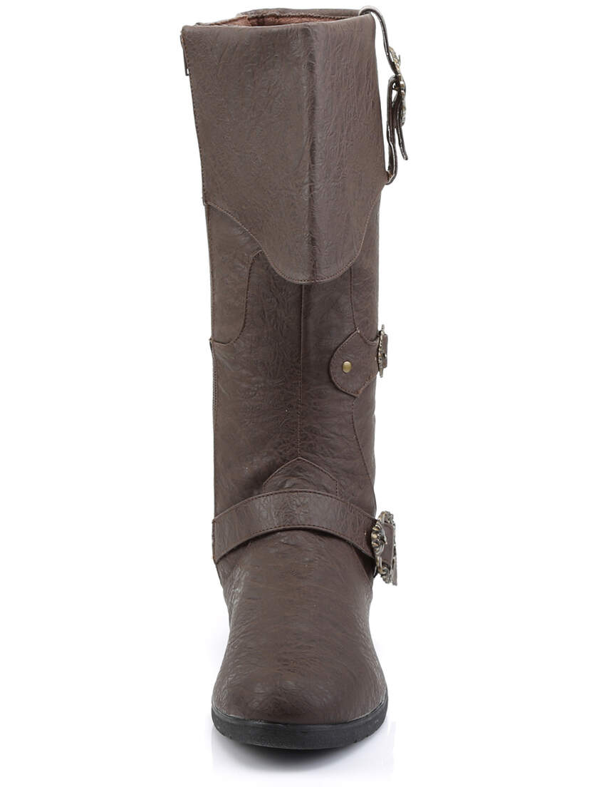 Front view of CARRIBEAN-299 brown pirate buckle boots with rounded toe and buckle detail