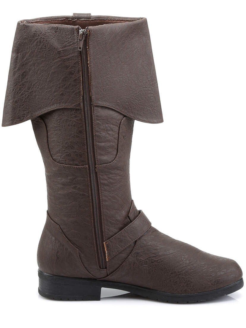 Side view of CARRIBEAN-299 brown pirate buckle boots with a mid-calf height, buckle detail, and zipper closure