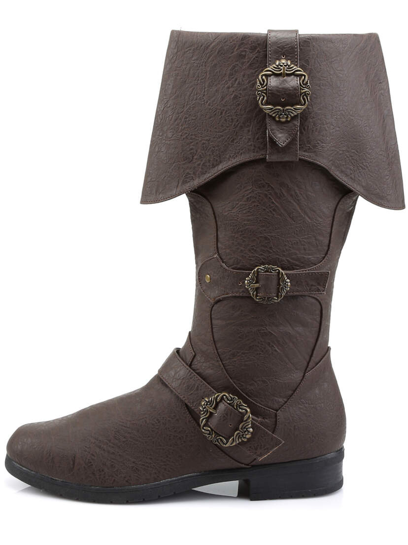 Front view of CARRIBEAN-299 brown pirate buckle boots with buckle details and mid-calf height