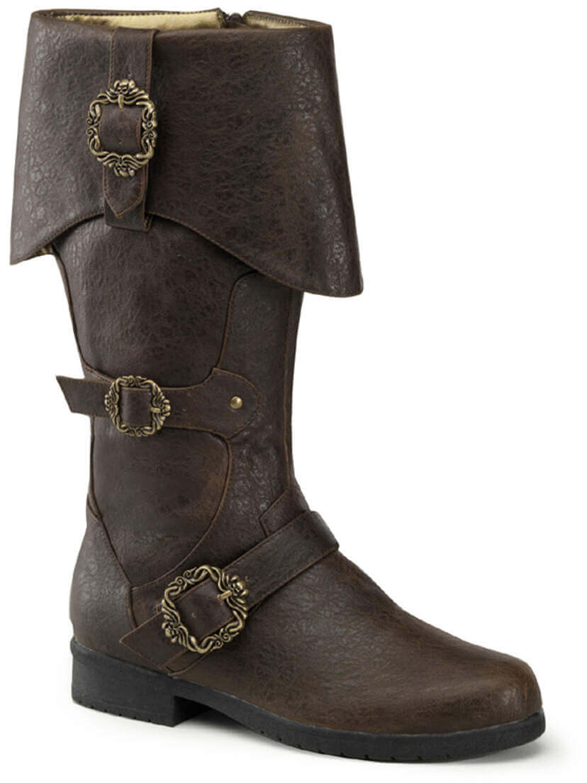 Front view of CARRIBEAN-299 brown pirate buckle boots with multiple decorative buckles and cuff detail