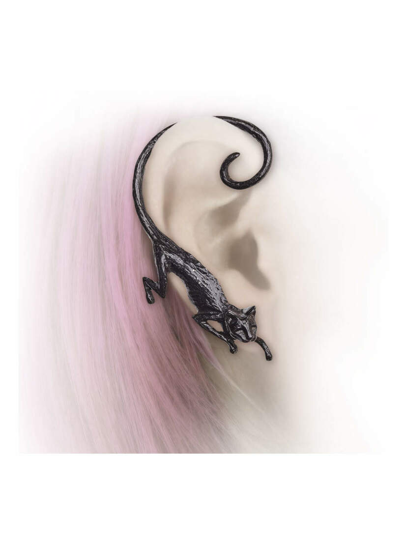 A black cat earwrap is shown on a model's ear, with pink hair in the background.