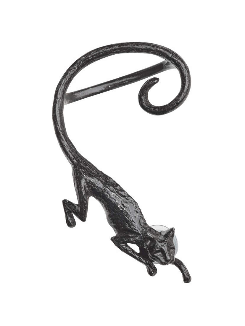 A black cat earwrap featuring a leaping cat design with a curled tail.