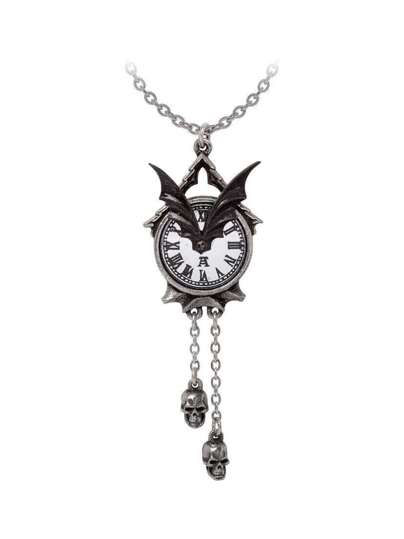 Chimes at Midnight Bat & Skull Necklace Bat and skull necklace with clock pendant and dangling skull charms on a chain