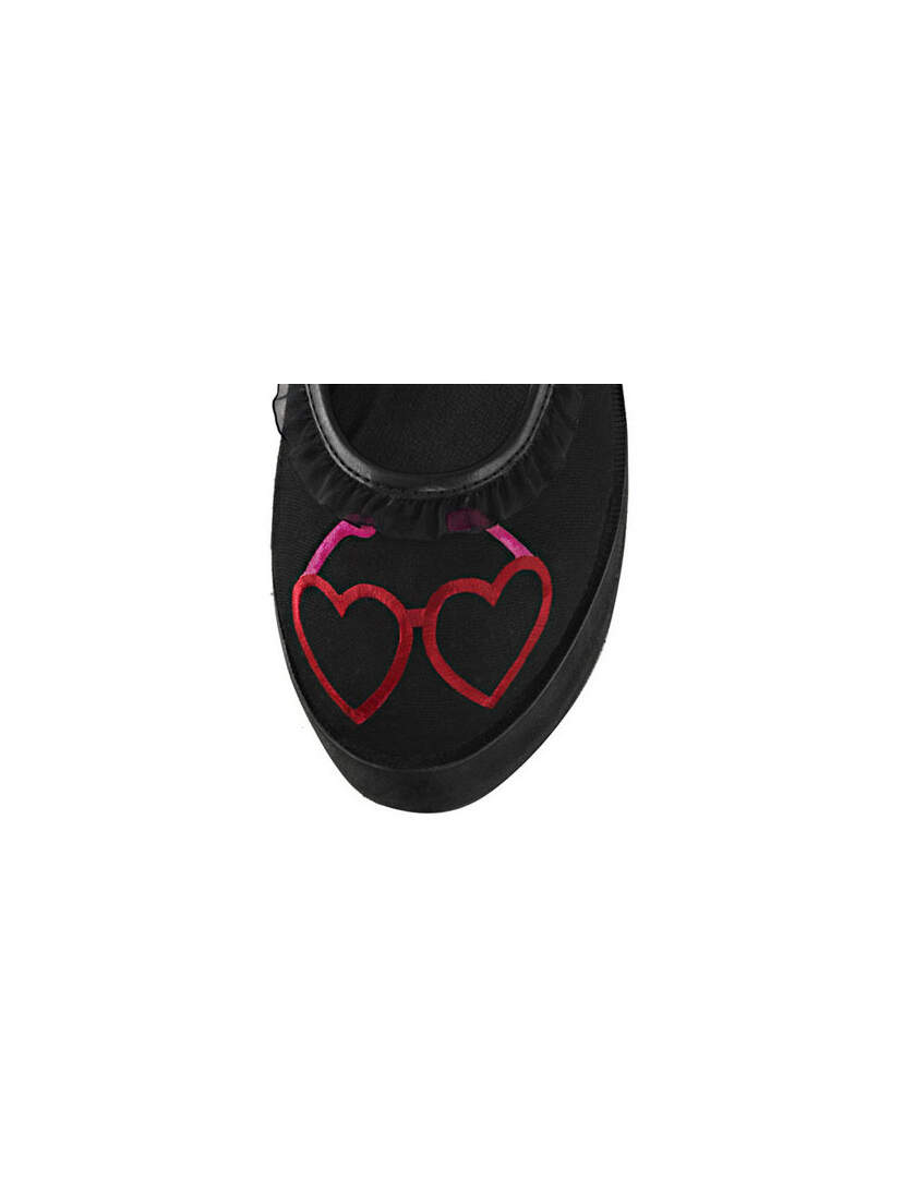Close-up of CLICK-02 Hearts Platform Shoes with black upper and red heart-shaped glasses graphic