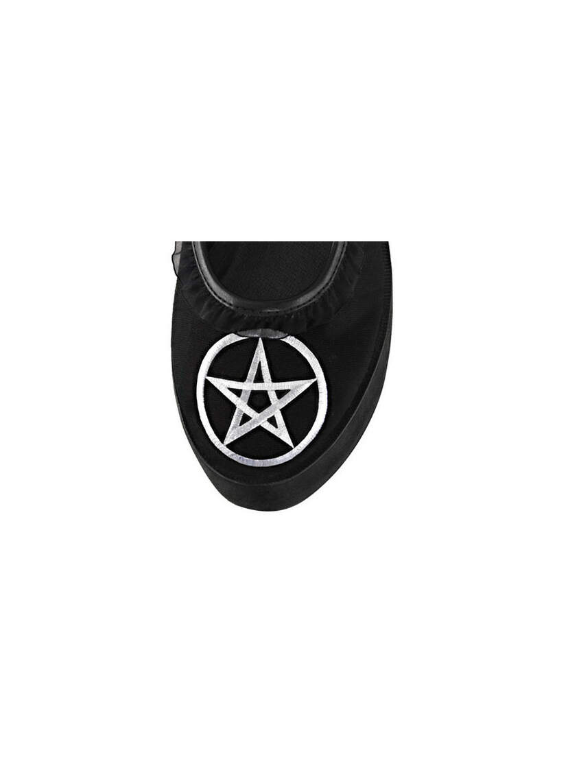 Close-up of CLICK-02 Pentagram Platform Shoes in black with silver embroidered pentagram on toe