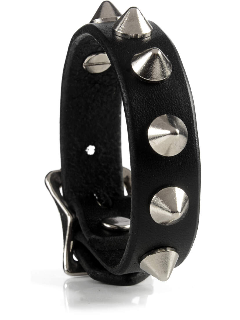 Real Leather Cone Spike Wristband Black leather wristband with silver cone and round spikes standing upright