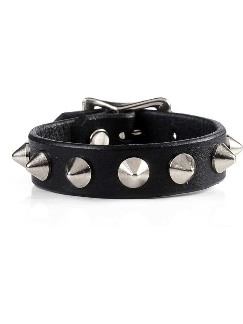 Real Leather Cone Spike Wristband Black leather wristband with silver cone spikes and snap closure