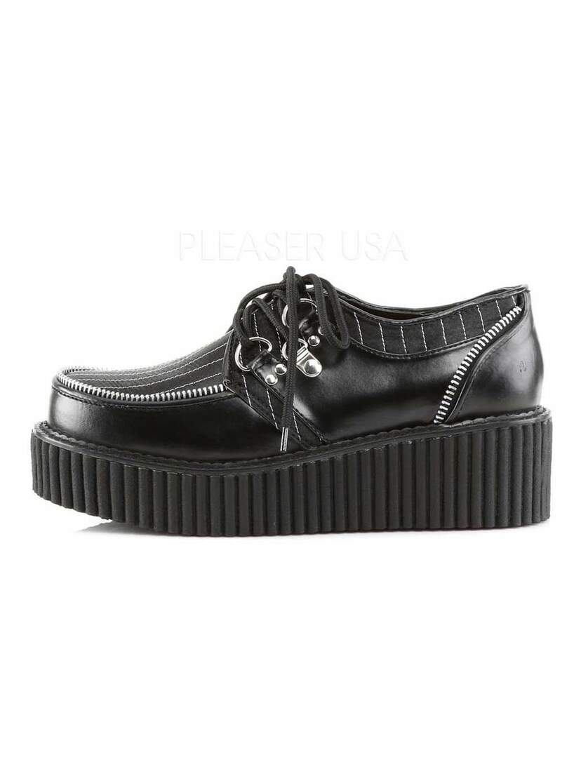 CREEPER-113 Pinstripe PU Creepers Left side view of CREEPER-113 Pinstripe PU Creepers in black with pinstripe detail and ribbed platform