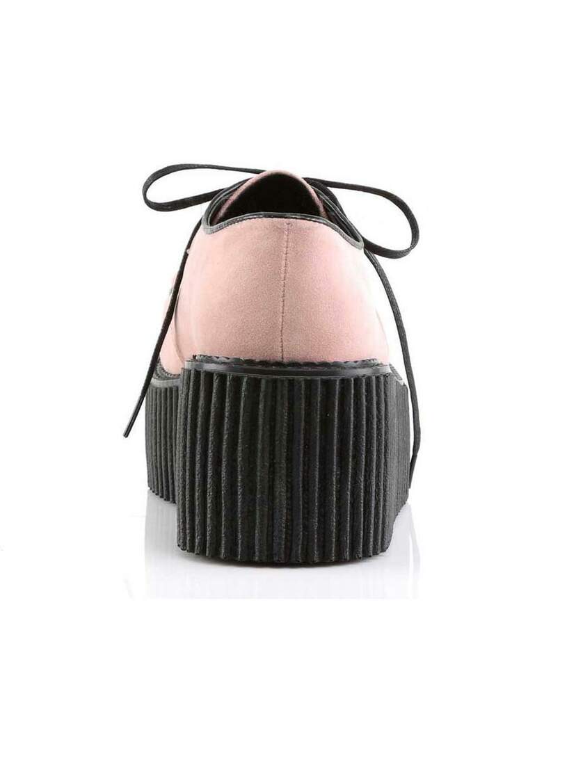 CREEPER-216 Pink Vegan Shoes Rear view of CREEPER-216 Pink Vegan Shoes with thick black ribbed platform and black laces