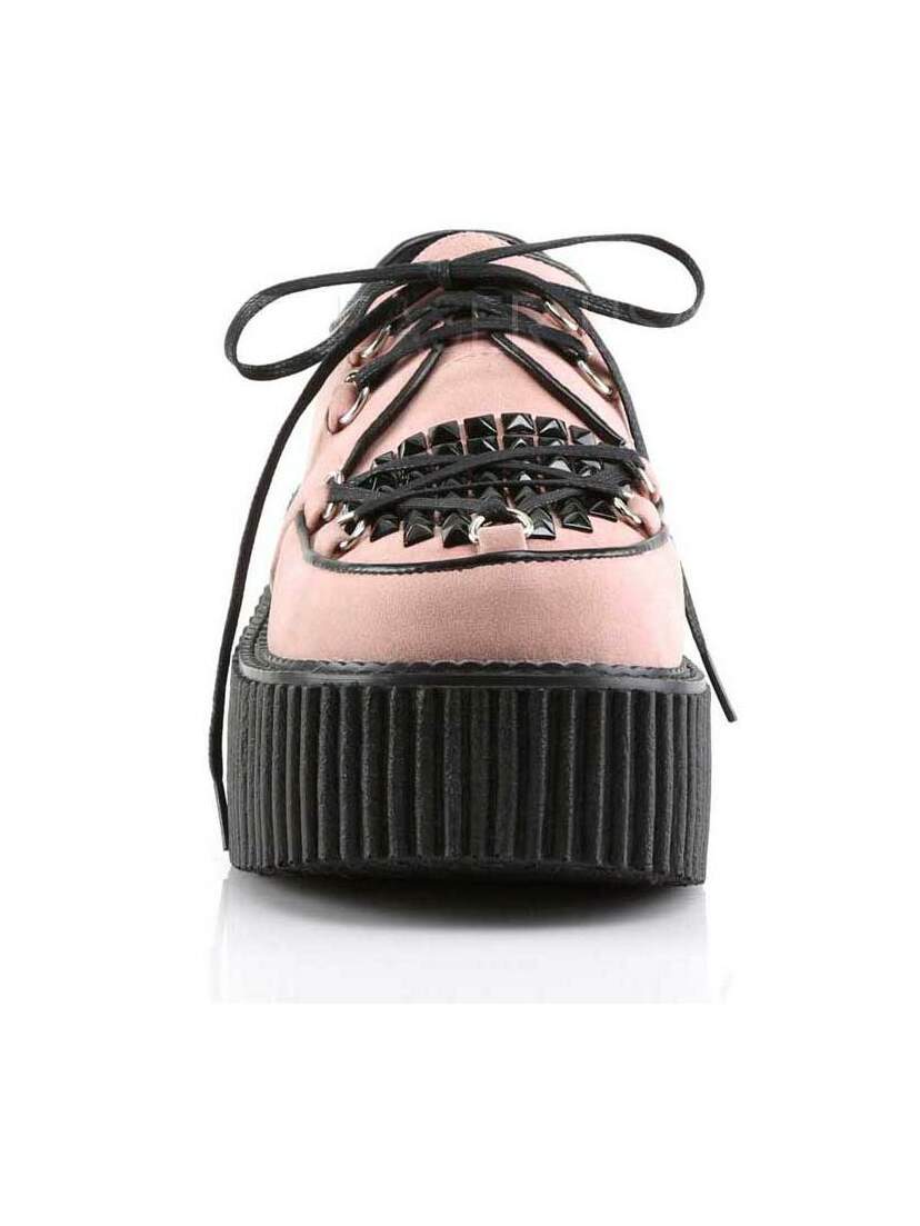 CREEPER-216 Pink Vegan Shoes Front view of CREEPER-216 pink vegan shoes with black platform sole, laces, and pyramid studs