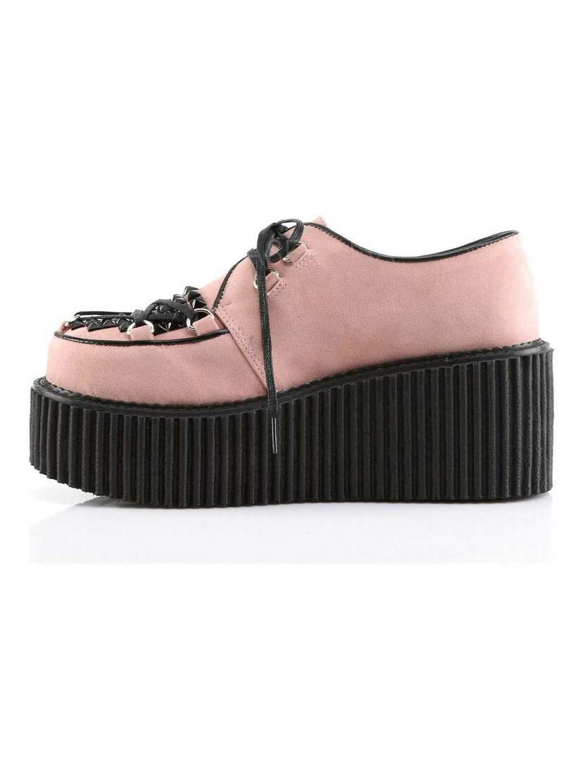 CREEPER-216 Pink Vegan Shoes Left side view of CREEPER-216 Pink Vegan Shoes with black platform sole and lace-up front