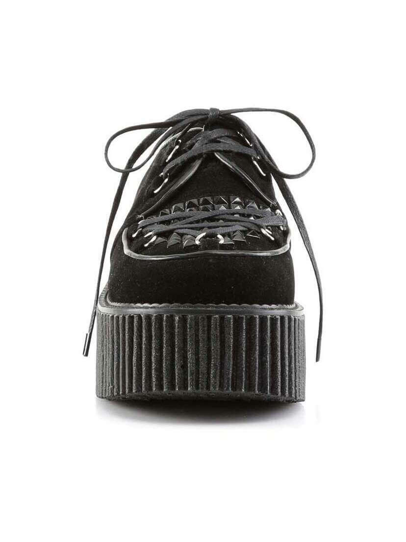 CREEPER-216 Veggie Suede Creepers Front view of CREEPER-216 Veggie Suede Creepers in black with ribbed platform and lace-up detail