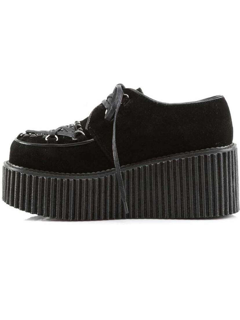 CREEPER-216 Veggie Suede Creepers Left side view of CREEPER-216 Veggie Suede Creepers in black with ribbed platform and lace-up front