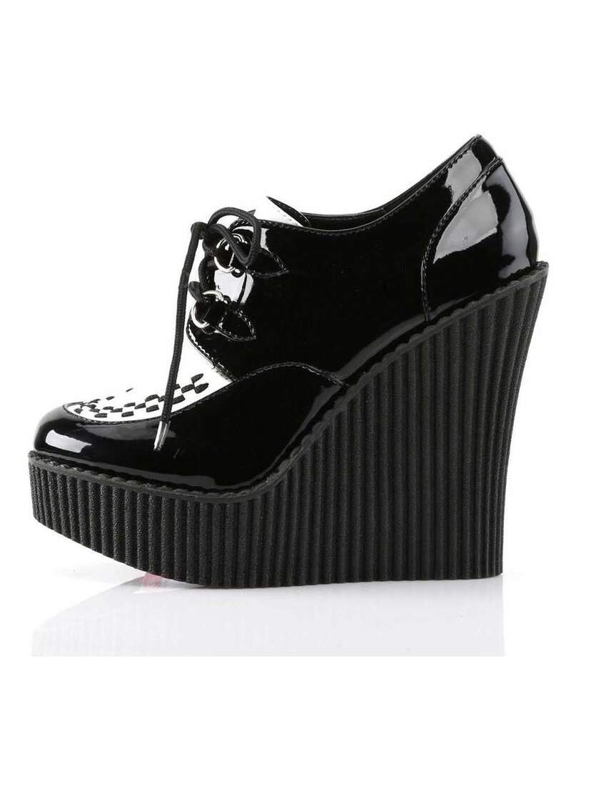 Left side view of CREEPER-302 black patent wedge shoe with ribbed platform and lace-up front