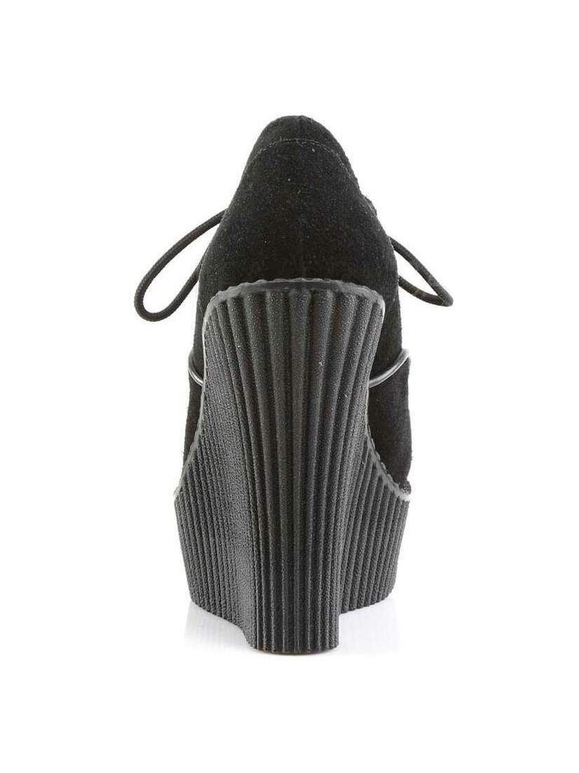 Rear view of CREEPER-302 black vegan wedges with ribbed platform heel and lace-up detail