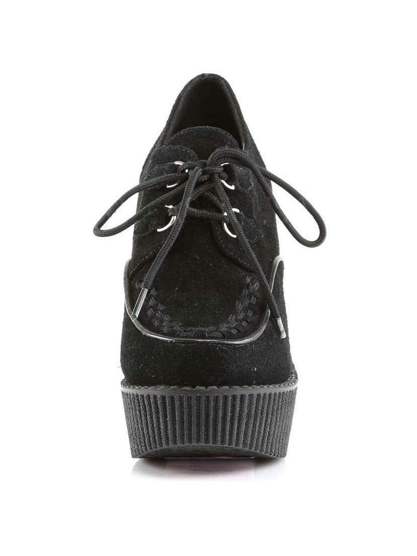 Front view of CREEPER-302 black vegan wedges with lace-up closure and ribbed platform sole