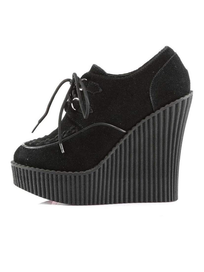 Left side view of CREEPER-302 Black Vegan Wedges with ribbed platform and lace-up front