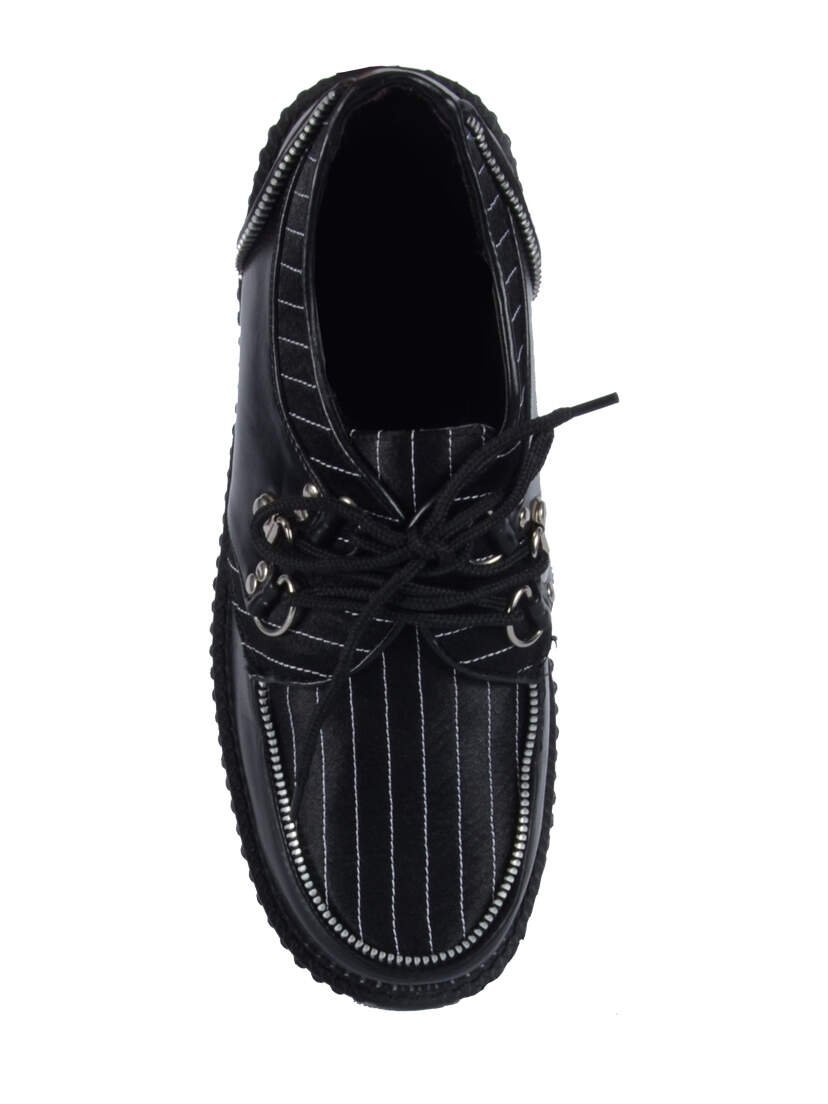 CREEPER-401 Black Stripe Creepers Top view of CREEPER-401 Black Stripe Creepers with white pinstripes, black laces, and silver eyelets