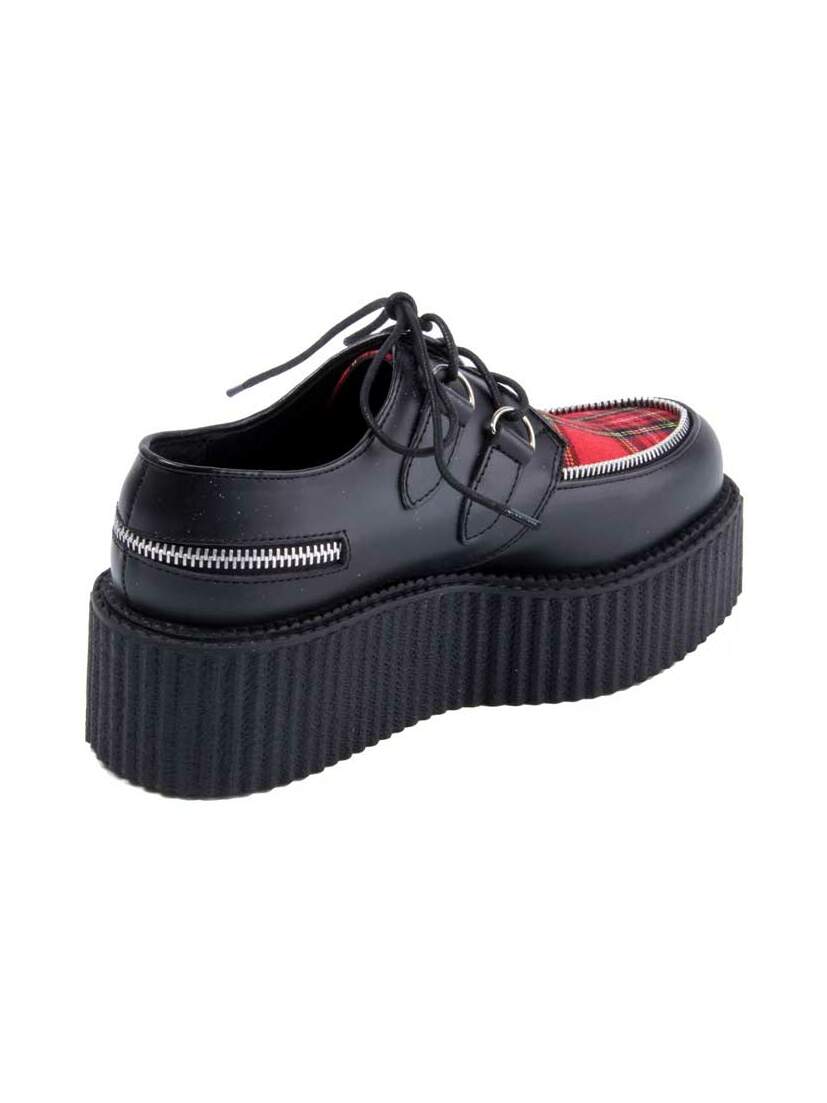 Rear angle of CREEPER-406 black platform shoe with ribbed sole, lace-up front, and zipper detail