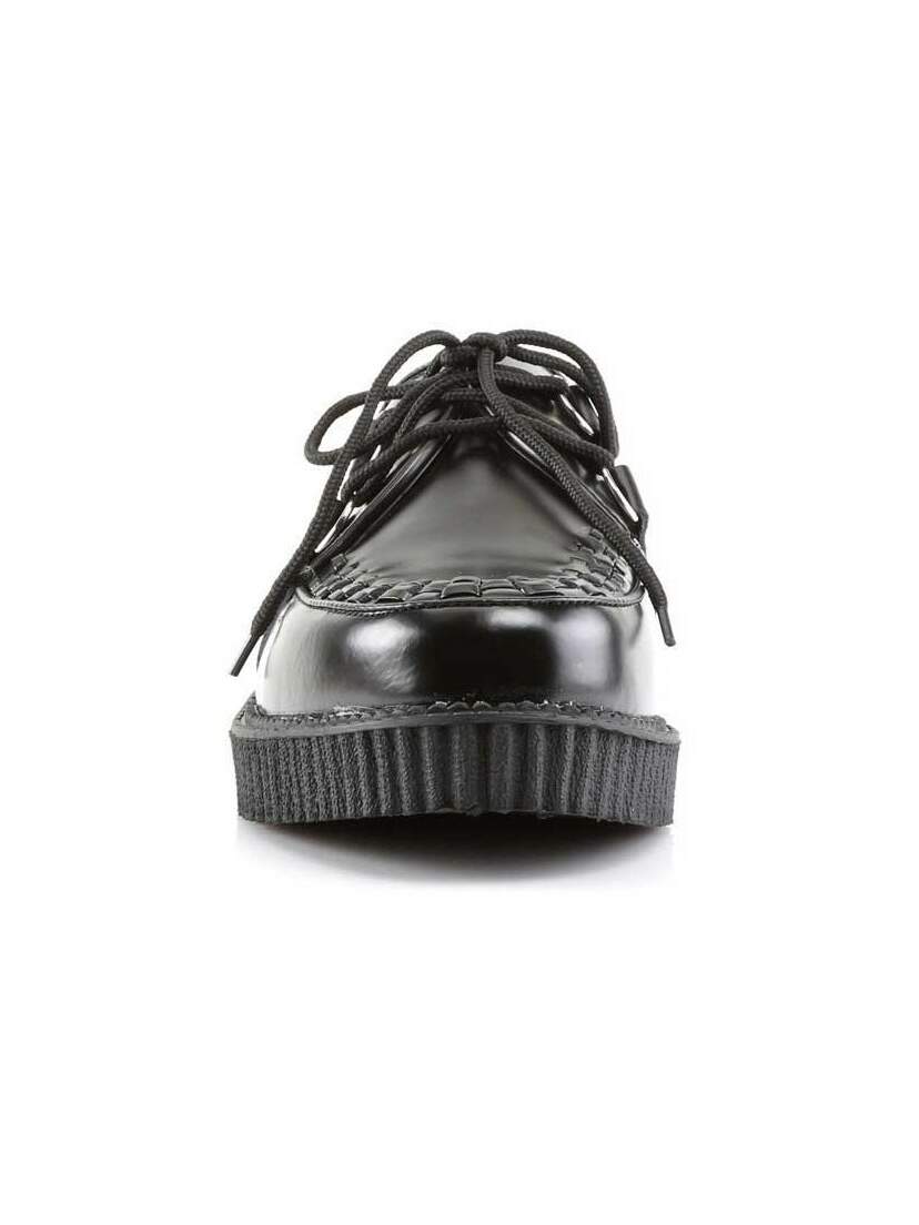 Front view of CREEPER-602 black leather creepers with woven toe detail and thick ribbed platform sole